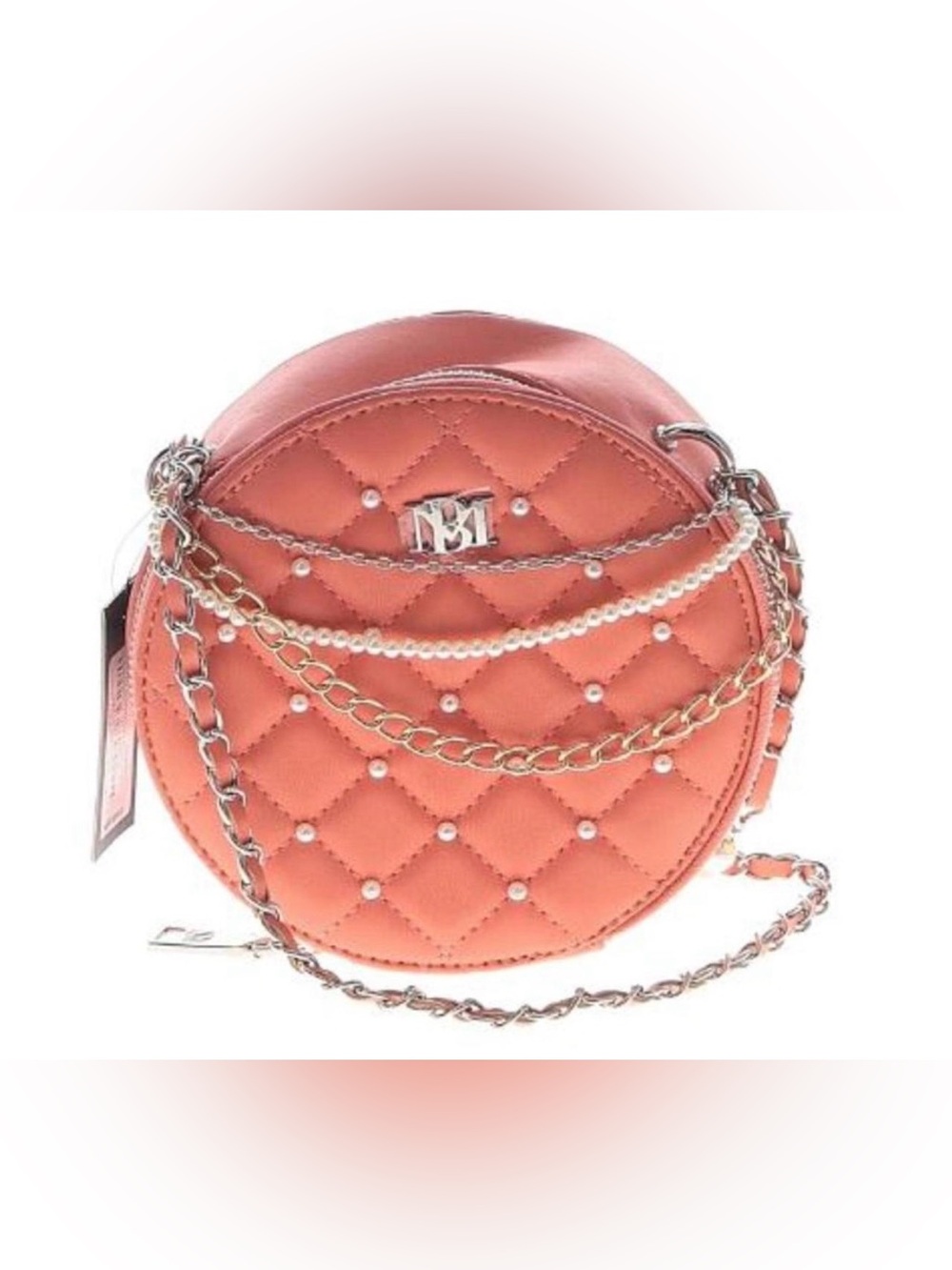 Badgley Mischka Coral Quilted Round Crossbody with Pearl & Chain Accents